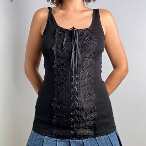 DemiLoov Black Floral Trim Lace-up Tank Top
